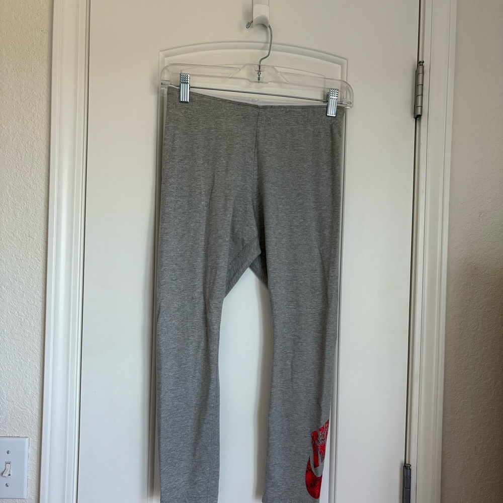 Nike Women’s Gray 7/8 Leggings With Red Graphic Print On Lower Leg- Size S